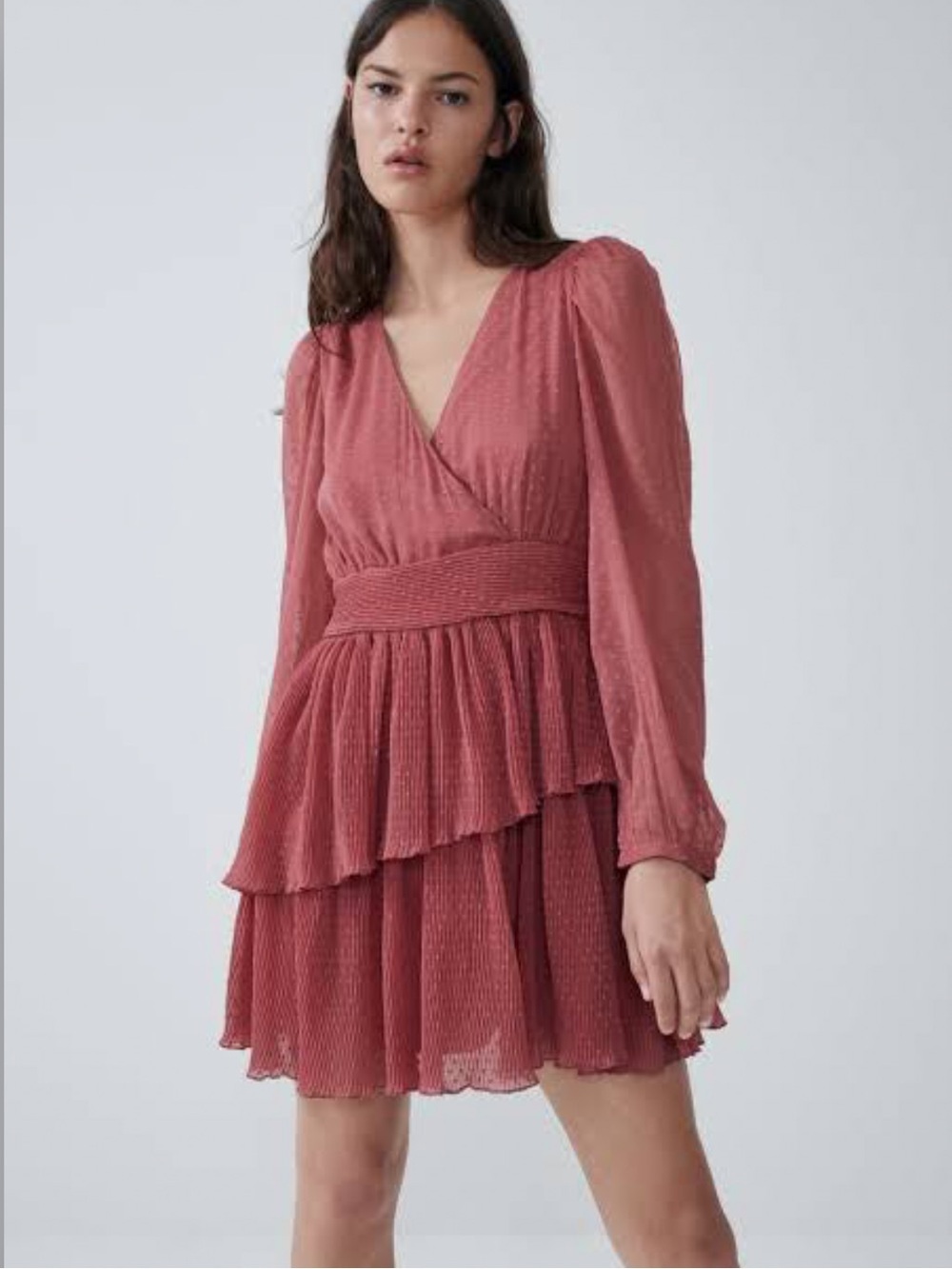 Zara Pink Surplice Mesh Chiffon Layered Ruffle Polka Dot Mini Dress Size XL